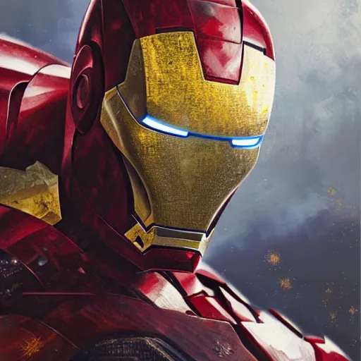 Image similar to mosaic portrait of iron man by greg rutkowski, 4k, intricate details, digital, explosion in the background