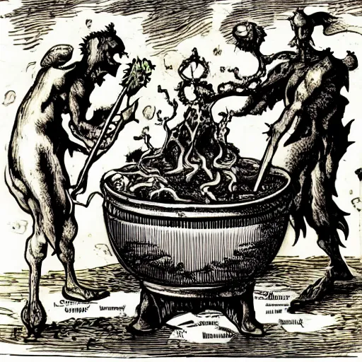 Image similar to monsters consumed transformed transmutation in a fiery alchemical cauldron