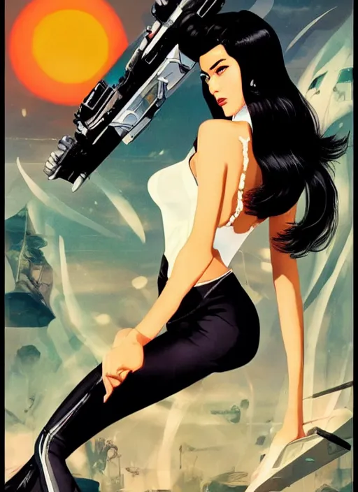Prompt: Sui He as a Bond Girl in a Retro futuristic James Bond movie poster in style of anime, cinematic, realism, Greg rutkowski, 1990s