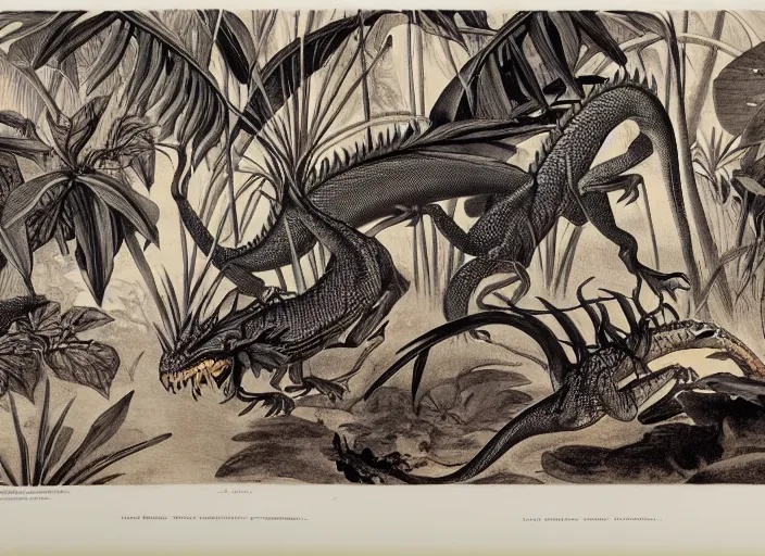 Image similar to dragons in a tropical forest, john james audubon, vintage botanical, intaglio