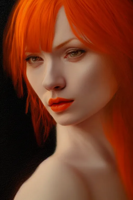 Prompt: Portrait of a beautiful pale skin Nordic female with short orange hair, elegant, photorealistic, highly detailed, artstation, smooth, sharp focus, gold ornaments, neon lighting, sci-fi, art by Klimt.