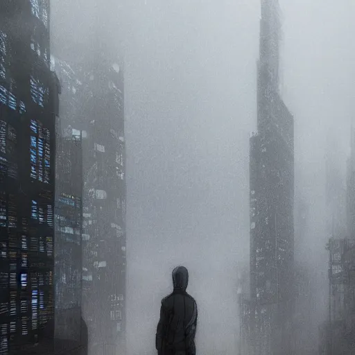 Prompt: a person standing on a grey skyscraper looking over a dystopian city, fog, moody, realistic night lights, rain and haze, concept art, intricate, in the style of katsuhiro otomo, akira, unreal engine