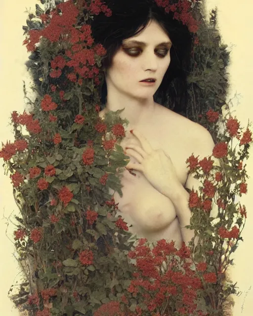 Image similar to a beautiful but sinister and creepy woman in layers of fear, with haunted eyes, violence in her eyes, 1 9 7 0 s, seventies, delicate embellishments, a little blood, woodland, moonlight shining on wildflowers, painterly, offset printing technique, by alexandre cabanel