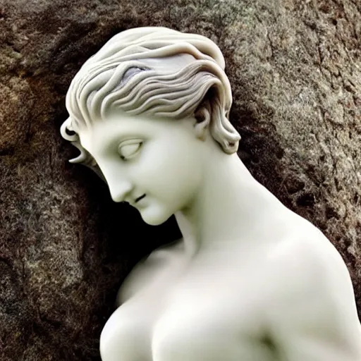 Prompt: female medusa long hair, marble statue, full body shot, beautiful delicate face, macro shot head, sea background