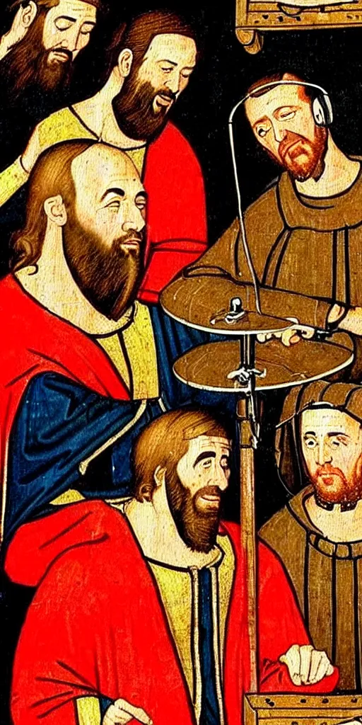 Prompt: a medieval painting of joe rogan podcasting, hosting Charle Magne as a podcast guess