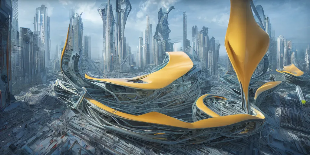 Image similar to a beautiful hyper realistic photograph, octane render, architectural render of utopia megaestrutura of cyberpunk, by norman foster + zaha hadid, extremely detailed, chartpak ad markers, pastel color, yellow and orange color scheme, 8 k,