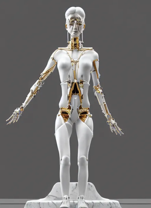 Image similar to a statue made of white marble with gold veins, of an beautiful gorgeous futuristic cybernetic angel girl, prostheses, transhumanism, full body shot, perfect symmetrical body, perfect symmetrical face, hyper realistic, hyper detailed, by johannen voss, by peter kemp, by monia merlo, by michelangelo, octane render, blender, 8 k