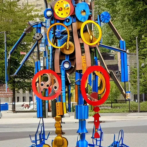 Prompt: a giant mechanical kinetic sculpture made of painted wood blocks, brass sheet, steel wire, acrylic, marbles, electric motors, chain and sprockets. mecha. by arthur ganson, by alexander calder, by claes oldenburg, by tim hunkin. outdoor photograph.