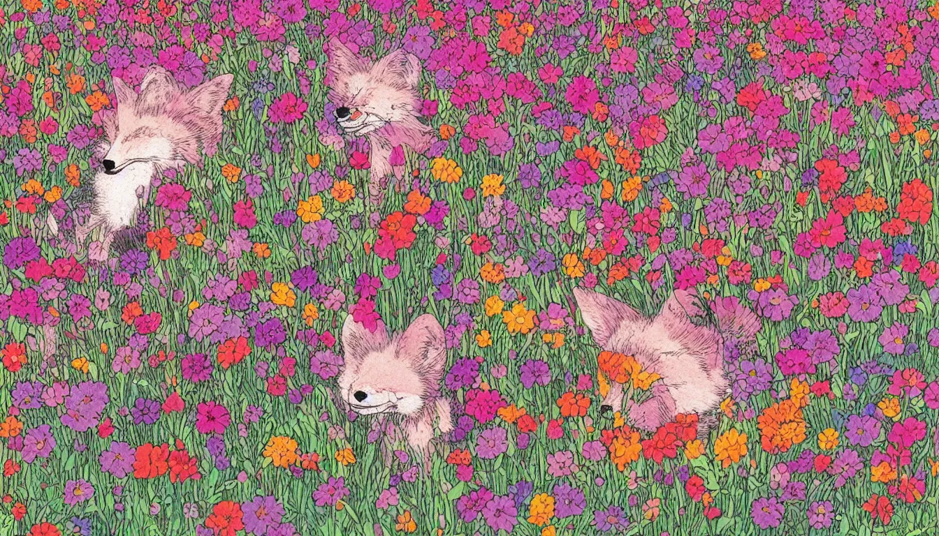 Prompt: pink fox head popping out of a field of multi colored flowers by moebius