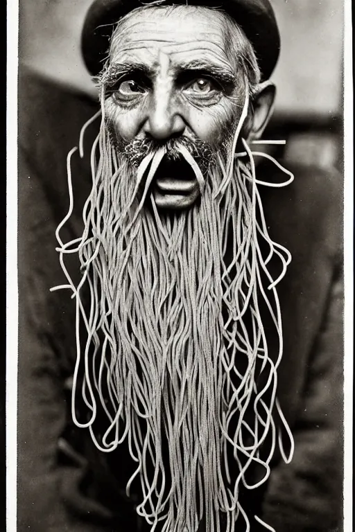 Prompt: extremely detailed portrait of old italian cook, spaghetti mustache, slurping spaghetti, spaghetti in the nostrils, spaghetti hair, spaghetti beard, huge surprised eyes, shocked expression, scarf made from spaghetti, full frame, award winning photo by james van der zee