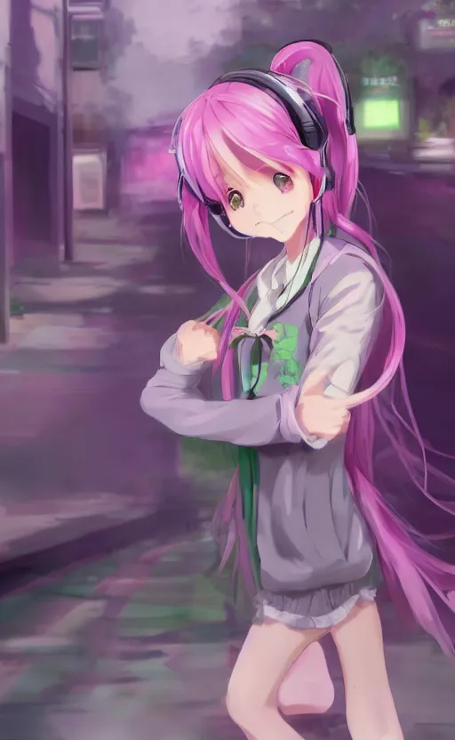 Image similar to anime girl with pink ponytail, wearing purple headphones, wearing a green sweater, with a smile on her face and her eyes closed, walking down a street, dynamic lighting, photorealistic fantasy concept art, trending on art station, very detailed, anime concept art, stunning visuals, creative, cinematic, ultra detailed