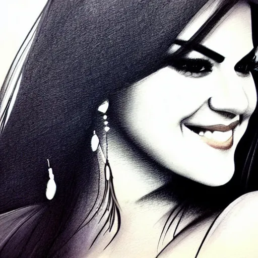 Image similar to joyful look in her eyes Maite Perroni in 2005 close-up portrait looking straight on, complex artistic color ink pen sketch illustration, full detail, gentle shadowing, fully immersive reflections and particle effects, chromatic aberration.