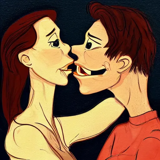 Image similar to lovers in the dark. art by disney extreme depicted facial expression, unperfect anatomy, unsharp focus, gloomy light, detailed and intricate environment, trending on tik tok