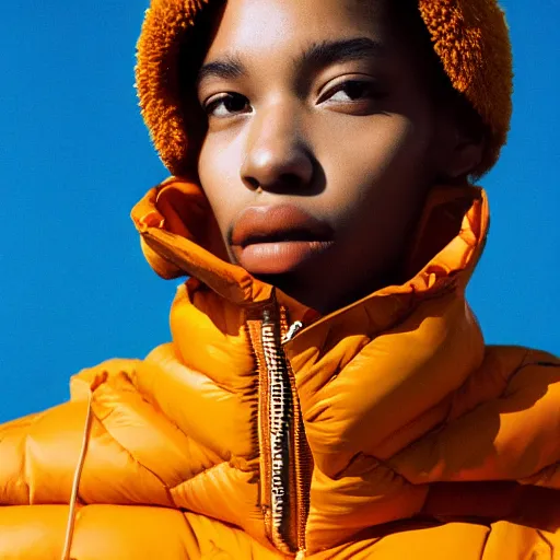 Prompt: realistic! photoshoot for a new balenciaga lookbook, color film photography, portrait of a beautiful woman wearing a puffer jacket, photo in style of tyler mitchell, 35mm