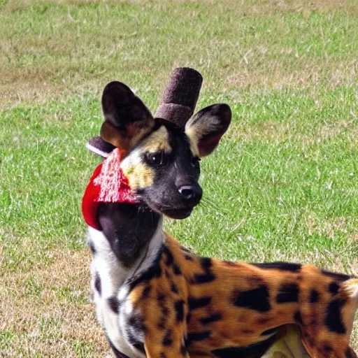 Image similar to A photo of the world's greatest showman: the african painted dog dressed in a hat!