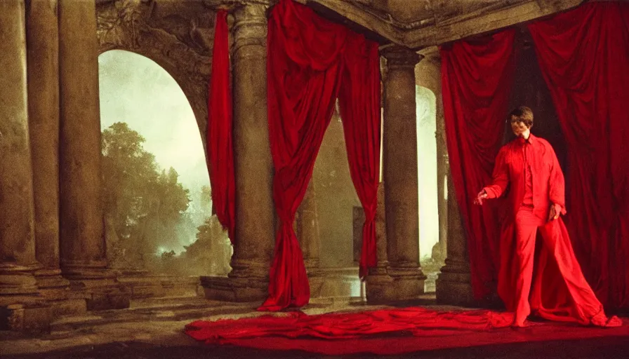 Prompt: 1 9 7 0 s andrei tarkovsky movie still of a man in red drapery in neoclassical building with waterfall and collums, by piranesi, cinestill 8 0 0 t 3 5 mm, panoramic, ultra wide lens, cinematic light, anamorphic