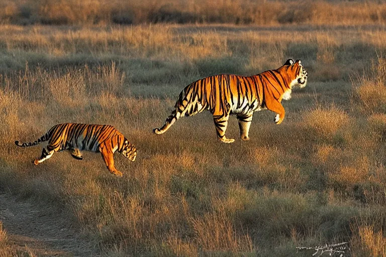 Image similar to tiger in the left, antelope in the right, the antelope is chasing the tiger, golden hour, 6 0 0 mm, wildlife photo, national geographics