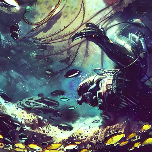 Prompt: woman diving in an alien aquarium, kelp, coral, solar rays, cyberpunk, realistic, detailed, Industrial Scifi, paint, watercolor, in the style of Ashley Wood and Wadim Kashin