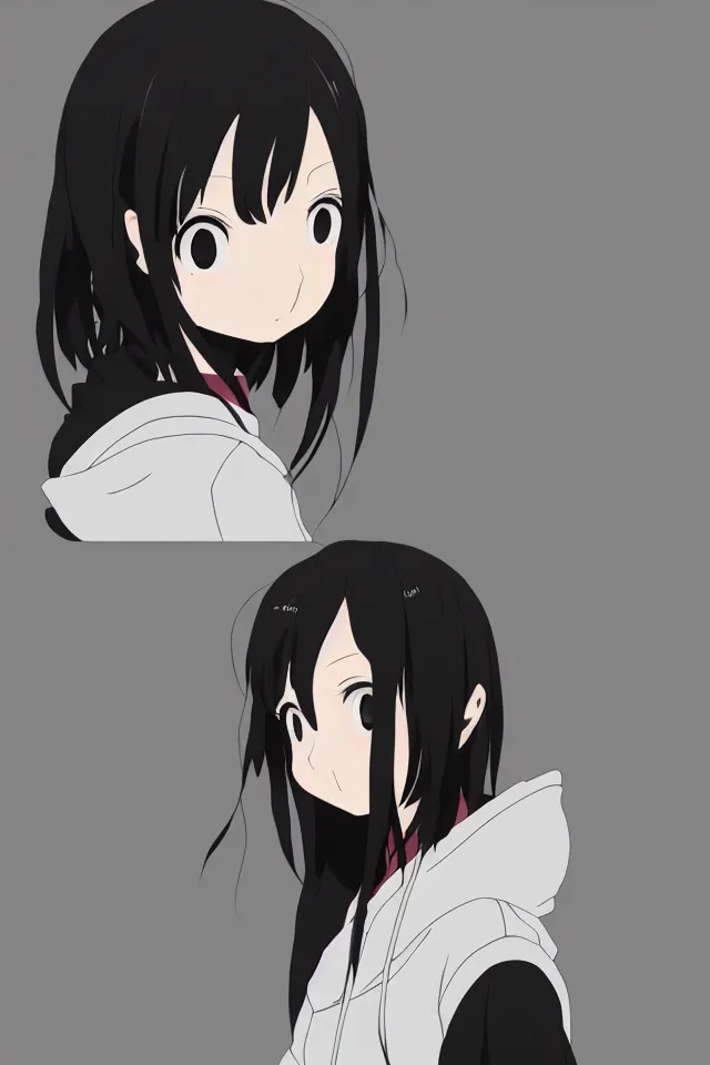 Image similar to anime visual, portrait of a young black haired girl wearing hoodie on the city street background, one person, cute face by yoh yoshinari, katsura masakazu, studio lighting, half body shot, strong silhouette, anime cels, ilya kuvshinov, cel shaded, crisp and sharp, rounded eyes