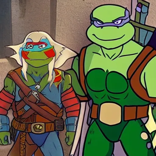 Prompt: animation screencap from the Geralt of Rivia and Teenage Mutant Ninja Turtles cartoon crossover episode in the 1990s