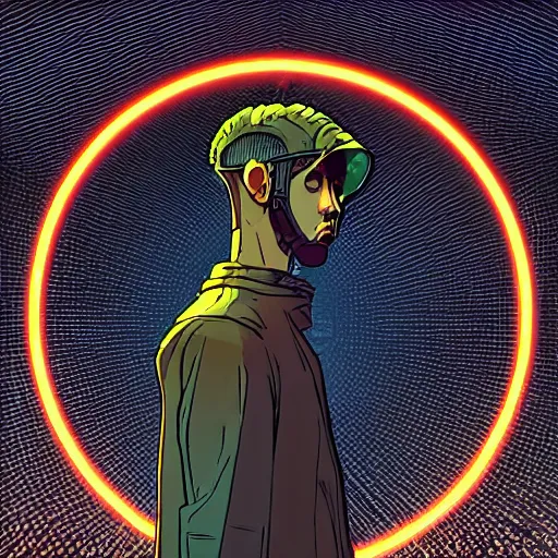 Prompt: in the style of max prentis and deathburger and laurie greasley a young man wearing a cyberpunk headpiece who is standing in front of a large circular ancient glowing portal, highly detailed, 8k wallpaper