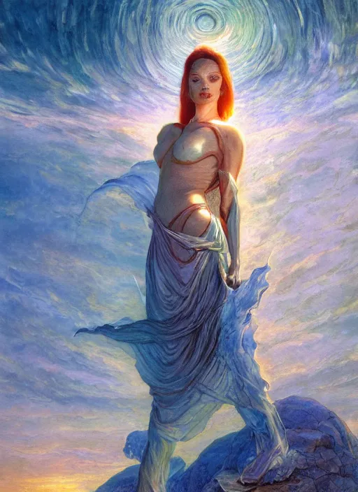 Image similar to biblical strong beautiful female android, bright glowing veins, in clouds, sunset, accretion disk, fashion posing, portrait, by gerald brom, by mikhail vrubel, by peter elson, muted colors, extreme detail, reflections, trending on artstation, 8 k