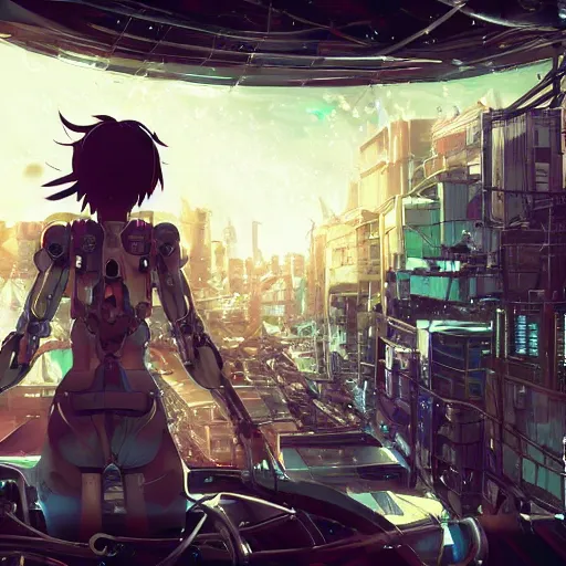 Prompt: android mechanical cyborg girl in overcrowded urban dystopia gigantic future city raining makoto shinkai wide angle