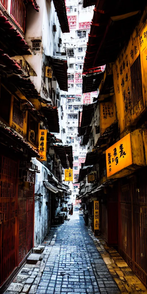 Image similar to an interior view of an old walled city in Hong Kong, colorful, dated and old, dark moody lighting, very detailed, photoreal, 8k, canon 20mm lens