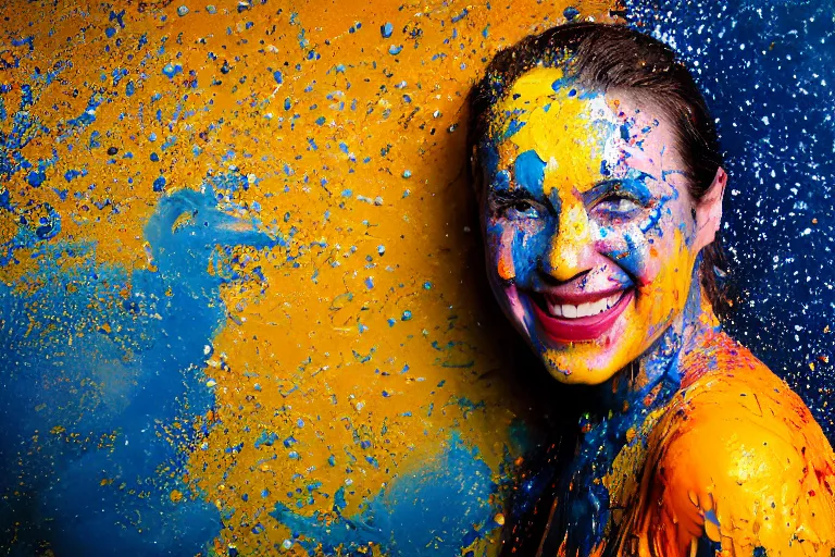 Prompt: a highly detailed cinematic headshot portrait photograph of a grinning woman with a dripping paint face, with blue and orange and yellow paint splash, dynamic pose, liquid, ultra realistic, beautiful rim lighting, by richard avedon and annie leibovitz and arnold newman, photorealistic, hyperrealistic, octane, hasselblad camera, zeiss lens, sharp focus, paint splash