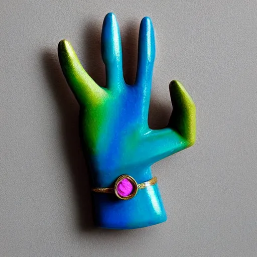 Prompt: “hand sculpture made from colorful gemstone, 35 mm product photo”