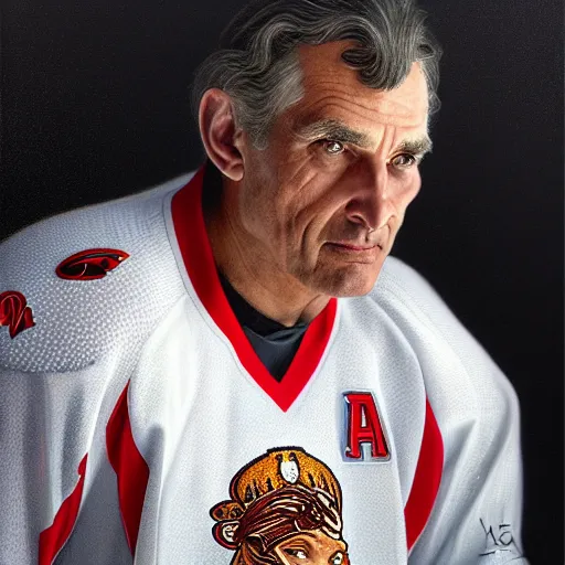 Image similar to 2005 portrait of former hockey player and coach Lou Vairo, fantasy, intricate, elegant, highly detailed, digital painting, artstation, concept art, smooth, sharp focus, luxury fashion illustration, art by artgerm and greg rutkowski and alphonse mucha, brightly lit cinematic soft lighting, photorealistic