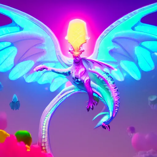 Prompt: florescent dragon with butterfly wings on a candy cotton biome, glow wave, humongous biome, neon, pixar, luminescent, digital art, trending on artstation, behance, deviantart, unreal engine 5, octane i, smooth, fantasy art, intricate detailed, 4 k photoshop