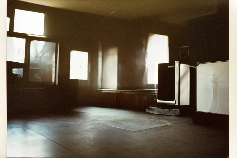 Prompt: backlit photograph of black box pouring energy into suburban room, crisp focus, 3 5 mm ektachrome