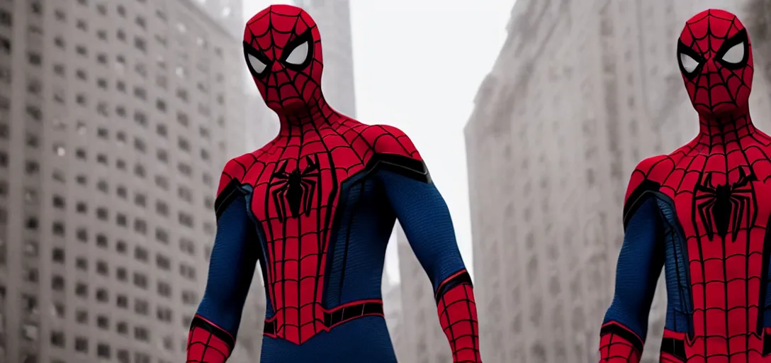 Image similar to Gigachad Spider-Man unmasked, film still, wide-shot, full shot, cinematic lens, heroic portrait