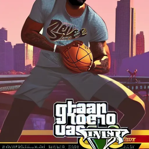 Image similar to lebron james in gta v cover art, art by stephen bliss, matte painting sharp focus