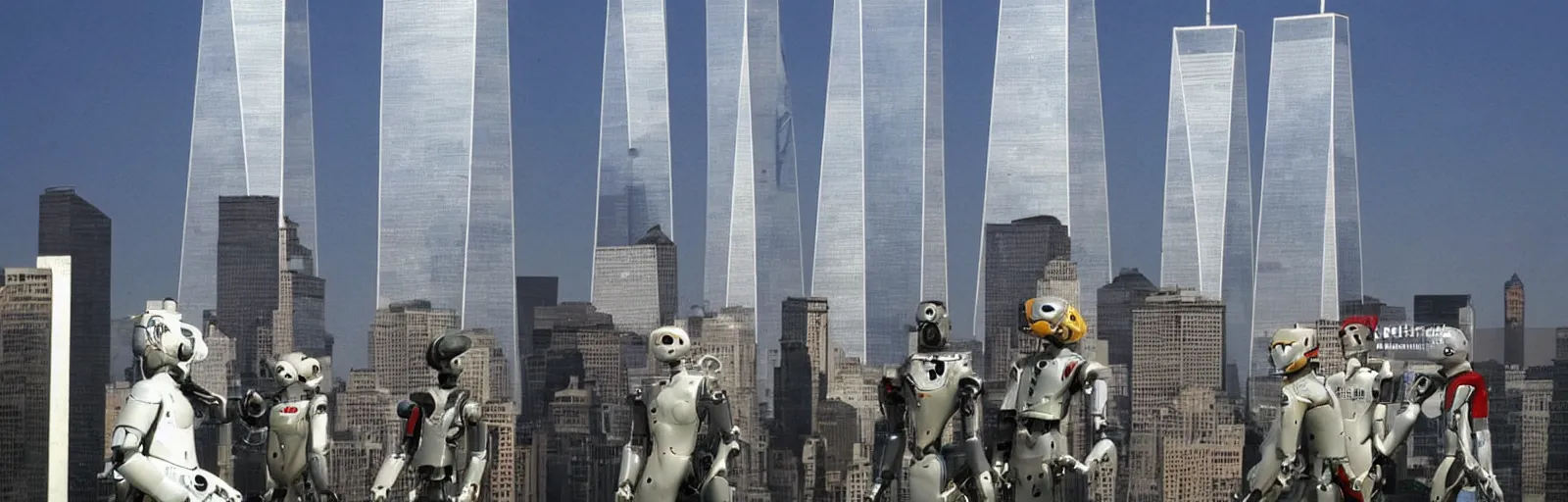 Image similar to “Mile-High Humanoid Robot versions of the Twin Towers ready themselves for battle gatchaman Gettyimages September 11 2001 hq ap photos CNN”