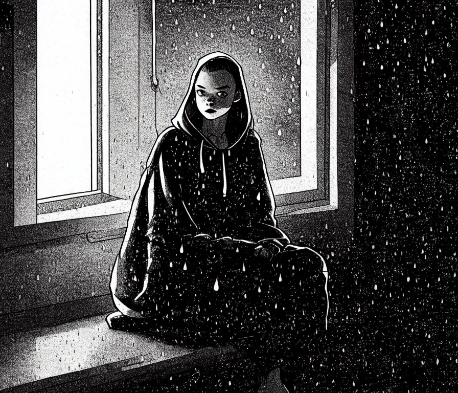 Prompt: sadie sink in hoodie sits on windowsill, knees tucked in | rain falls at night : storyboard, scifi cyberpunk. by gabriel hardman, joe alves. cinematic atmosphere, detailed and intricate, perfect anatomy