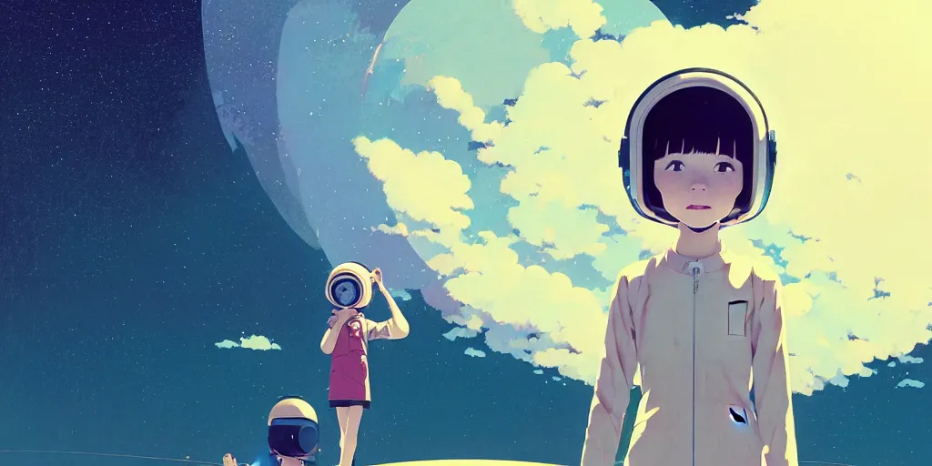 Image similar to portrait of smiling girl with astronaut helmet by ilya kuvshinov, cloudy sky background lush landscape ln illustration concept art anime key visual trending pixiv by victo ngai fanbox by greg rutkowski makoto shinkai takashi takeuchi studio ghibli