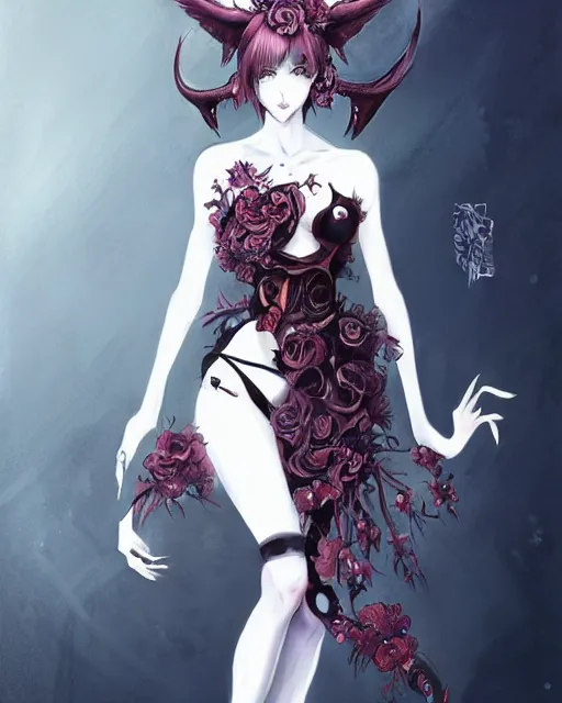 Image similar to Anime demon girl wearing haute couture by 'alexander mcqueen', art of ‘B.c.N.y.’ and artgerm and wlop, elegant, ominous, concept art, digital painting, highly detailed, intricate, trending on artstation