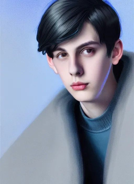 Image similar to portrait of teenage jughead jones wearing a light grey crown, crown, blue turtleneck, closed eyes, photorealistic, black hair, glowing lighting, intricate, elegant, glowing lights, highly detailed, digital painting, artstation, concept art, smooth, sharp focus, illustration, art by wlop, mars ravelo and greg rutkowski