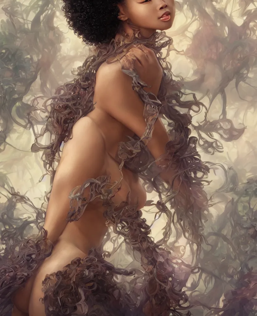 Prompt: ultra realistic elegant fantasy art, beautiful alluring anime blasian woman, afro big curls, gorgeous face and figure, sci - fi, fantasy, intricate, elegant, highly detailed, digital painting, artstation, concept art, smooth, sharp focus, illustration, art by tian zi and yuxiang chen and alphonse mucha and greg rutkowski