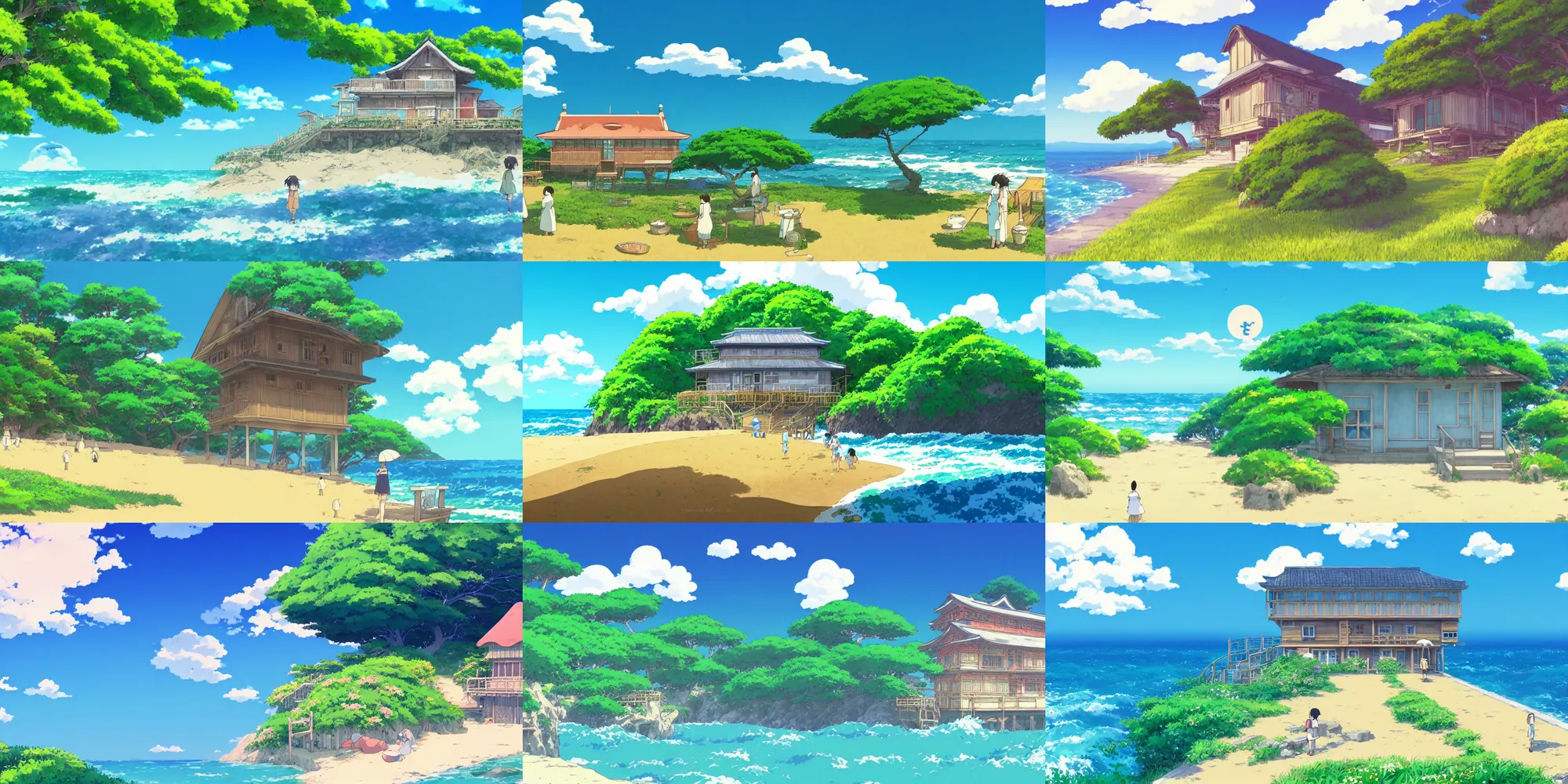 Prompt: atmospheric magical nostalgic summer's day storybook painting by studio ghibli of a japanese beach house on a sunny day by the ocean, in the anime film by Makoto Shinkai, shinkai wallpaper