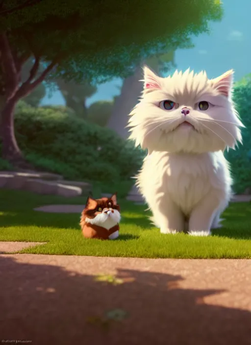 Prompt: a wholesome animation key shot of a cute persian cat, studio ghibli, pixar and disney animation, sharp, rendered in unreal engine 5, anime key art by greg rutkowski, bloom, dramatic lighting