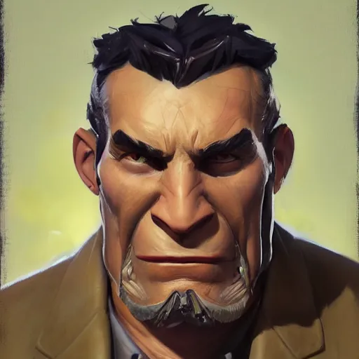 Image similar to greg manchess close - up portrait painting of a handsome older male dieselpunk orc with olive green skin as an overwatch character, medium shot, asymmetrical, profile picture, organic painting, sunny day, matte painting, bold shapes, hard edges, street art, trending on artstation, by huang guangjian and gil elvgren and sachin teng