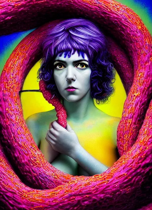 Prompt: hyper detailed 3d render like a Oil painting - Ramona Flowers with black hair in thick mascara seen Eating of the Strangling network of colorful yellowcake and aerochrome and milky Fruit and Her delicate Hands hold of gossamer polyp blossoms bring iridescent fungal flowers whose spores black the foolish stars black eyes by Jacek Yerka, Mariusz Lewandowski, Houdini algorithmic generative render, Abstract brush strokes, black intense eyes, choke smirk smile grin, Masterpiece, Edward Hopper and James Gilleard, Zdzislaw Beksinski, Mark Ryden, Wolfgang Lettl, Dan Hiller, hints of Yayoi Kasuma, octane render, 8k