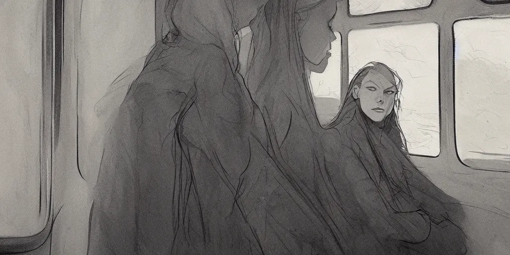 Prompt: a beautiful painting of a sad woman on a train by abigail larson, trending on artstation