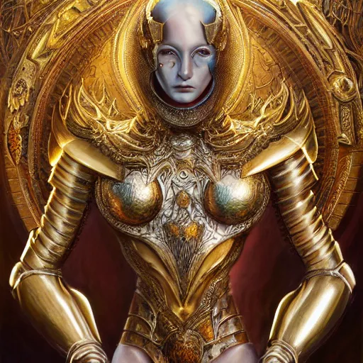 Image similar to a beautiful symmetrical muscular body wearing an armor made of golden ornaments and gems by alex gray and android jones , Karol Bak, Ayami Kojima, Amano , 3D, 8k resolution