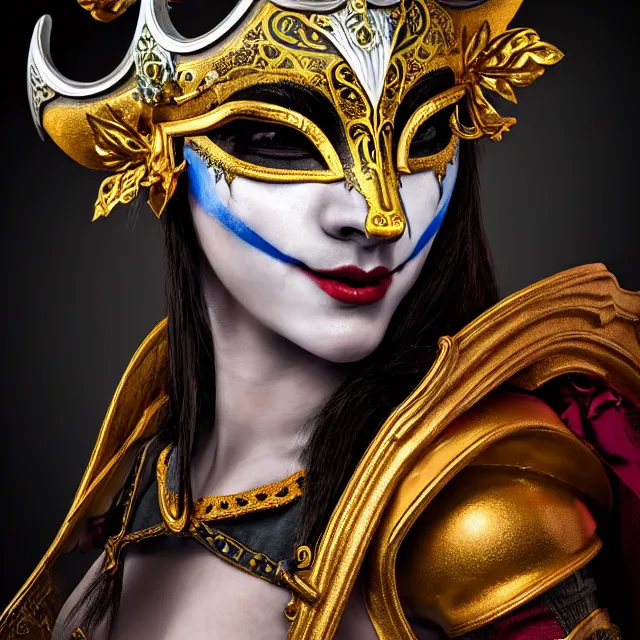 Image similar to female warrior jester with ornate venetian mask, highly detailed, 8 k, hdr, close up, smooth, sharp focus, high resolution, award - winning photo, artgerm