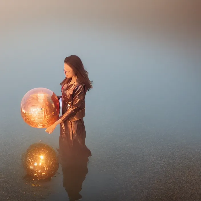 Image similar to a closeup portrait of a woman wrapped in plastic, standing next to a giant huge levitating copper orb, in a foggy pond, golden hour, color photograph, by vincent desiderio, canon eos c 3 0 0, ƒ 1. 8, 3 5 mm, 8 k, medium - format print