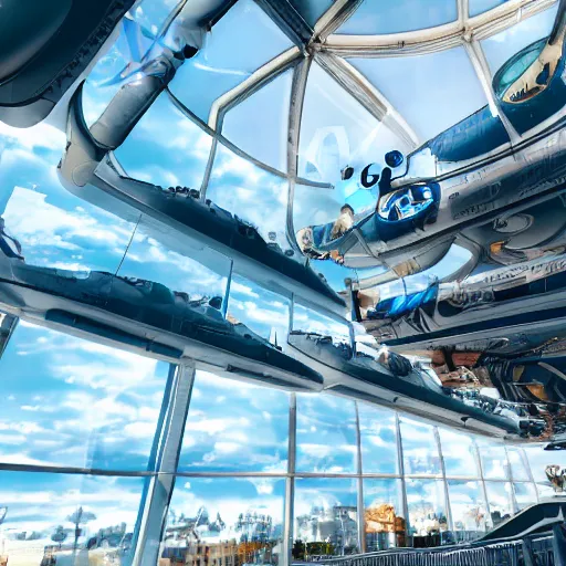 Image similar to a scene of a futuristic sky city mall with steampunk air vehicles taken from a distance, minimalist, blue and white, cinematic lighting